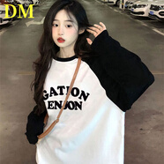 DALEY MODE黑白拼色插肩長(cháng)袖t恤女圓領(lǐng)t恤寬松百搭休閑體恤中長(cháng)款上衣百搭女 黑白拼接花色1 M