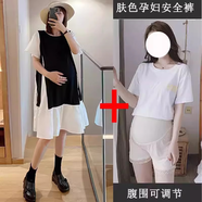 孕婦夏季連衣裙2024新款大碼寬松圓領(lǐng)短袖拼接撞色裙子夏款孕婦裙 拼色連衣裙+膚色安全褲【版】 M