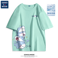 GENIOLAMODE冰絲短袖男生夏季青少年淺藍(lán)色涼感運(yùn)動(dòng)上衣男款透氣寬松大碼體恤 水綠色(大星星鯊胸_右下標(biāo)) 5XL (建議230-260斤)