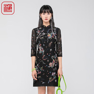 漁漁牌春裝女2024年新款女彈力中國風(fēng)刺繡花立領(lǐng)休閑連衣裙FGGA0003 黑 S