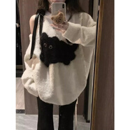吉閑 奶fufu露肩小貓毛衣女2023秋冬小眾設計感寬松新款慵懶針織衫潮 白色 均碼