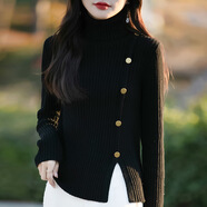 夏典素訂女王（SE.PSTP）秋冬新款高翻領(lǐng)抽條帶扣毛衣女士套頭顯瘦針織打底衫純色開(kāi)叉上衣 黑色 M