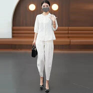 SEMALAM藍(lán)菲輕奢服飾藍(lán)姿時(shí)尚女褲2024年立領(lǐng)防曬衣大碼媽媽裝襯衫01 白色圓點(diǎn)套裝 L 115-125斤