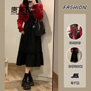 唐菓蜜紅色連衣裙女2023秋冬新款女裝韓版新年紅色裙子 紅色上衣+黑色裙子 L