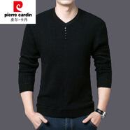 皮爾卡丹（pierre cardin）新款v領(lǐng)針織衫男士長(cháng)袖t薄款寬松中年加絨加厚大碼體恤秋冬男新品 薄款 黑色 v領(lǐng) 165碼：105-125斤