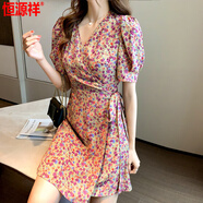 恒源祥碎花連衣裙女2025夏法式復古小清新v領(lǐng)收腰顯瘦印花雪紡短袖裙子 紫粉色 S 建議75-95斤