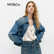 MO&Co.牛仔夾克春時裝壓褶收腰短款廓形棉質(zhì)外套MBE1JKT016 牛仔藍(lán)色 M 165