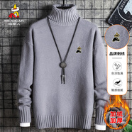 稻草人（MEXICAN）高領(lǐng)毛衣男秋冬刺繡針織衫男士打底衫純色外套 加絨灰色 M