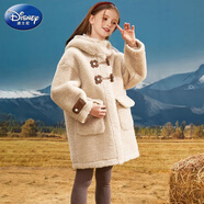 迪士尼（Disney）女童羊羔絨大衣秋冬新款洋氣韓版連帽保暖加厚加絨兒童毛毛衣外套 溫柔咖 140 建議身高130-140cm  8-9歲