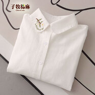 子牧棉麻春裝 女文藝小清新刺繡花朵字母寬松襯衫長(cháng)袖上衣8610 白色 M(建議95-115斤)