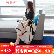 慕舍（mushe）輕奢女裝氣質(zhì)連衣裙女2023春夏新款V領(lǐng)收腰顯瘦裙子中長款A(yù)字裙 短袖黑杏色 L