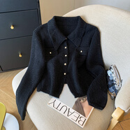 燕潯針織衫女春季2025新款女裝小香風(fēng)氣質(zhì)翻領(lǐng)毛衣外套女短款針織開(kāi)衫 黑色 均碼