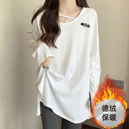 ANGEL MOOD春秋新款設計感白色V領(lǐng)打底衫女春秋內搭長(cháng)袖T恤女裝遮臀長(cháng)款寬松 白色德絨加厚 S 80-100斤