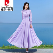 皮爾卡丹（pierre cardin）2025新品女長(cháng)袖系帶領(lǐng)純色雪紡連衣裙修身顯瘦沙灘度假長(cháng)款大擺裙 淺紫色 L建議103-115斤