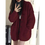優(yōu)如穗老奶奶毛衣開衫開胸外套開身毛線衣大碼胖mm慵懶風(fēng)復(fù)古軟糯針織開 酒紅色【優(yōu)質(zhì)加厚商城升級(jí)原版 L 3X 建議（160-18g