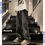主意范（ZHUYIFAN）潮胖子大碼牛仔褲子男直筒春夏薄款闊腿褲顯瘦高街休閑牛仔長褲子 A166-K284黑色 5XL 190-210斤可穿