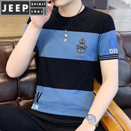 JEEP SPIRIT直潮流短袖T恤男夏季韓版條紋冰絲針織打底體恤衫薄款上衣 藍(lán)色 M