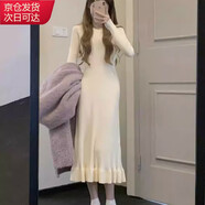 確彤【冬季加厚】松本春秋新款修身顯瘦高級感長(cháng)袖中長(cháng)款針織連衣裙女 杏色 均碼