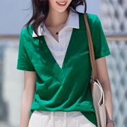 蜜莎蜜拉（Mirza Mirror）黑色有領(lǐng)短袖t恤女夏polo領(lǐng)新款上衣2025棉翻領(lǐng)假兩件半袖體恤 綠色 S