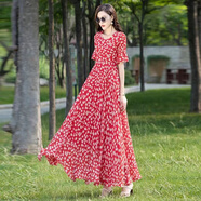 NUKM2025夏法式V領(lǐng)顯瘦印花雪紡連衣裙女超長(cháng)到腳踝拖地大擺沙灘長(cháng)裙 小雛菊 3XL 建議130-140斤