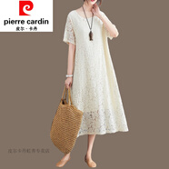 皮爾卡丹（pierre cardin）2024春季新款胖媽咪裙子女士春秋寬松顯瘦白色蕾絲連衣裙夏優(yōu)雅簡 杏色(短袖) 3XL 約170-190斤