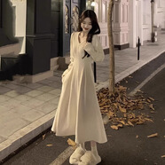 燕潯法式時尚長袖連衣裙子女早秋季2025新款氣質(zhì)絕美超好看收腰長裙 米白色 L (建議110-125斤)