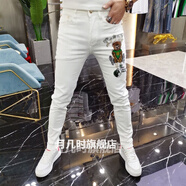 歌鵬白色牛仔褲男破洞牛仔褲男白色牛仔褲男士印花刺繡燙鉆歐洲站潮牌 1053# 28  85-100斤