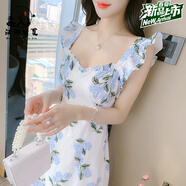 漢卿中夏2025夏季無袖淑女超修身甜美瑞麗小清新植物花卉連衣裙 圖片色 L