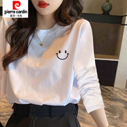 皮爾卡丹白色純棉長(cháng)袖t恤女秋季2026新款寬松中長(cháng)款打底衫上衣小眾設計感 A28(微笑) M 105斤