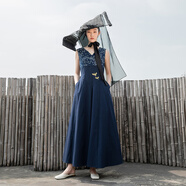 生活在左藍印花系列夏季新款純棉復古V領(lǐng)顯瘦無(wú)袖連衣裙女 藏青藍 XL