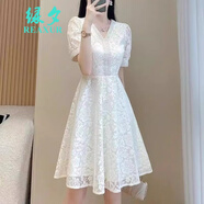 綠夕（REAXUR）溫柔風(fēng)連衣裙子夏天女裝2025夏季新款氣質(zhì)衣服蕾絲收腰顯瘦高級感 白色 M （建議98斤-108斤）