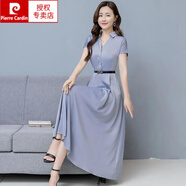 皮爾卡丹（pierre cardin）2025年新款連衣裙夏季修身顯瘦氣質(zhì)高檔冰絲長款收腰遮肚大擺長裙 灰色 M
