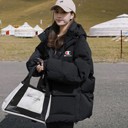 冠軍涂鴉棉服女冬季2024新款中長款加厚面包服棉衣棉襖外套潮棉衣女連帽 黑色 XL 【130-145斤】