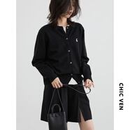 CHIC VEN 2025春季新款多色可選簡約純色兔子刺繡針織開衫毛衣女chicven 黑色 L