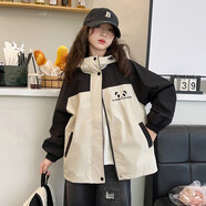 女童外套春秋款2025新款洋氣拼色連帽戶外服女孩秋季防風(fēng)衣服夾克 黑色【中兔毛絨加絨超厚款】 170cm