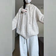 熒蒂軟糯慵懶風(fēng)灰色毛衣女秋冬季2025新款韓系連帽小個子加厚針織衫女 米白色 M建議【95-110斤】