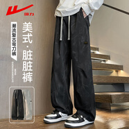 回力休閑褲男美式臟臟褲夏季寬松透氣扎染褲子男復(fù)古彎刀褲黑色XL
