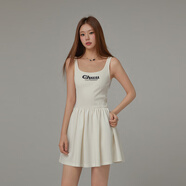 CHUU字母印花無(wú)袖連衣裙女2025夏季新品蕾絲邊拼接百褶a字短裙 白色 均碼