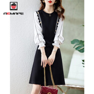 AEMAPE時(shí)尚氣質(zhì)連衣裙女2025春秋季新款拼接修身顯瘦設計感裙子秋季女裝 黑色 XL _建議115-130斤