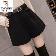 啄木鳥(niǎo)毛呢闊腿短褲女2025秋冬新款高腰加厚短褲女外穿修身褲女顯瘦 黑 色 (有腰帶) XL 建議115-125斤