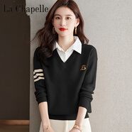 拉夏貝爾（La Chapelle）假兩件翻領(lǐng)女裝針織衫長(cháng)袖上衣2024年秋冬純色襯衫領(lǐng)打底洋氣毛衣 純100自動(dòng)發(fā)熱黑色【版面料】 純100自動(dòng)發(fā)熱3XL 建議140-150斤