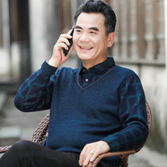 啄木鳥(niǎo)中年爸爸裝上衣男假兩件休閑長(zhǎng)袖t恤男加絨加厚毛衣中老年男裝 方格湖藍(lán)秋款 XL （體重121-140斤）