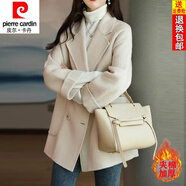 皮爾卡丹（pierre cardin）24年秋冬新款韓版時尚人字紋毛呢外套女士寬松顯瘦西裝呢子大衣 加厚 米白色加棉 4XL 建議160-180斤