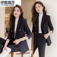 伊雅露莎條紋小西裝女職業(yè)套裝春秋免燙高端通勤西服商務正裝工作服895-1 黑條紋西裝+褲  S