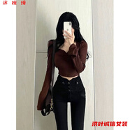事思純欲方瓴褶皺喇叭袖短款T恤女秋冬修身顯瘦辣妹緊身收腰長(zhǎng)袖上衣 棕色 S 160