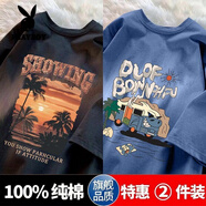 花花公子（PLAYBOY）純棉短袖t恤男字母印花2025夏季新款寬松百搭ins潮半袖T恤港 CM31黑色+CM38淺藍(lán) XL 【建議130-155斤】