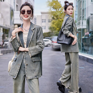 源夫人復(fù)古氣質(zhì)牛仔套裝女2025年春秋季新款西裝外套闊腿長(zhǎng)褲流蘇兩件套 牛仔藍(lán) 褲子+外套 M