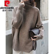 皮爾卡丹（pierre cardin）2024年新款重磅歐美高領(lǐng)羊絨衫女加厚毛衣寬松套頭慵懶風(fēng)針織打底 深駝色 M