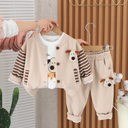 圓圓米米嬰兒套裝春裝男春秋裝兩件套1歲男女寶寶2衣服3秋冬季洋氣4加厚裝 KN24101包包狗三件套卡其色 100 碼適合90-95cm約2-3歲