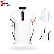 TTYGJ高爾夫球兒童長(cháng)袖POLO衫T恤翻領(lǐng)男女童學(xué)生運動(dòng)防曬速干上衣服裝 白配藏青色 S (130)